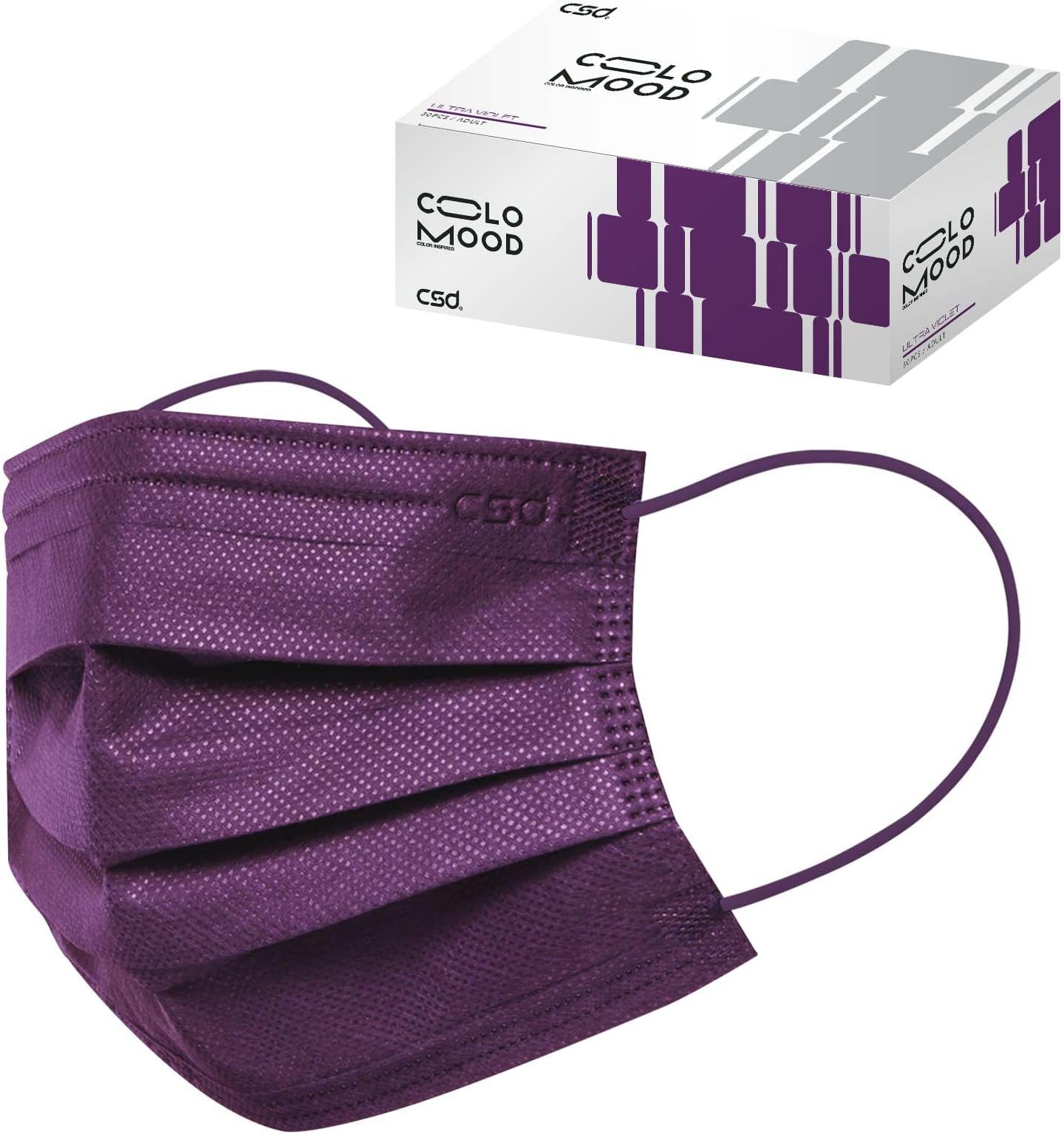 CSD Colo 30 Pcs Purple Disposable Face Masks, 3 Ply Adult Mask with Elastic Ear Loop, Nose Bridge Clip, Breathable Comfortable Mask Great for Indoor, Outdoors Use (Ultra Violet)