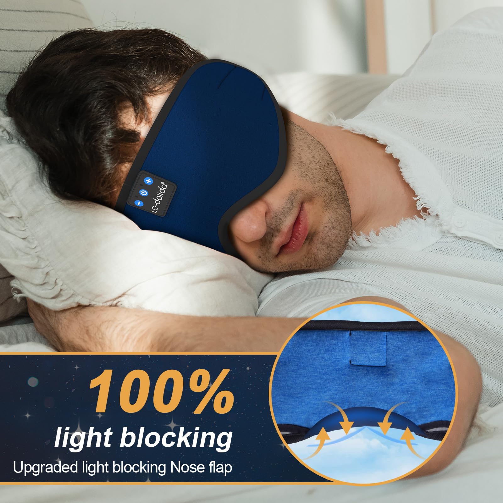 LC-dolida Bluetooth slaapmasker hoofdtelefoon, 200% verduisterend 6A ijs-zijden oogmasker met reistas, oogmasker met Bluetooth-hoofdtelefoon met verstelbare riem voor reizen, dutjes slapen