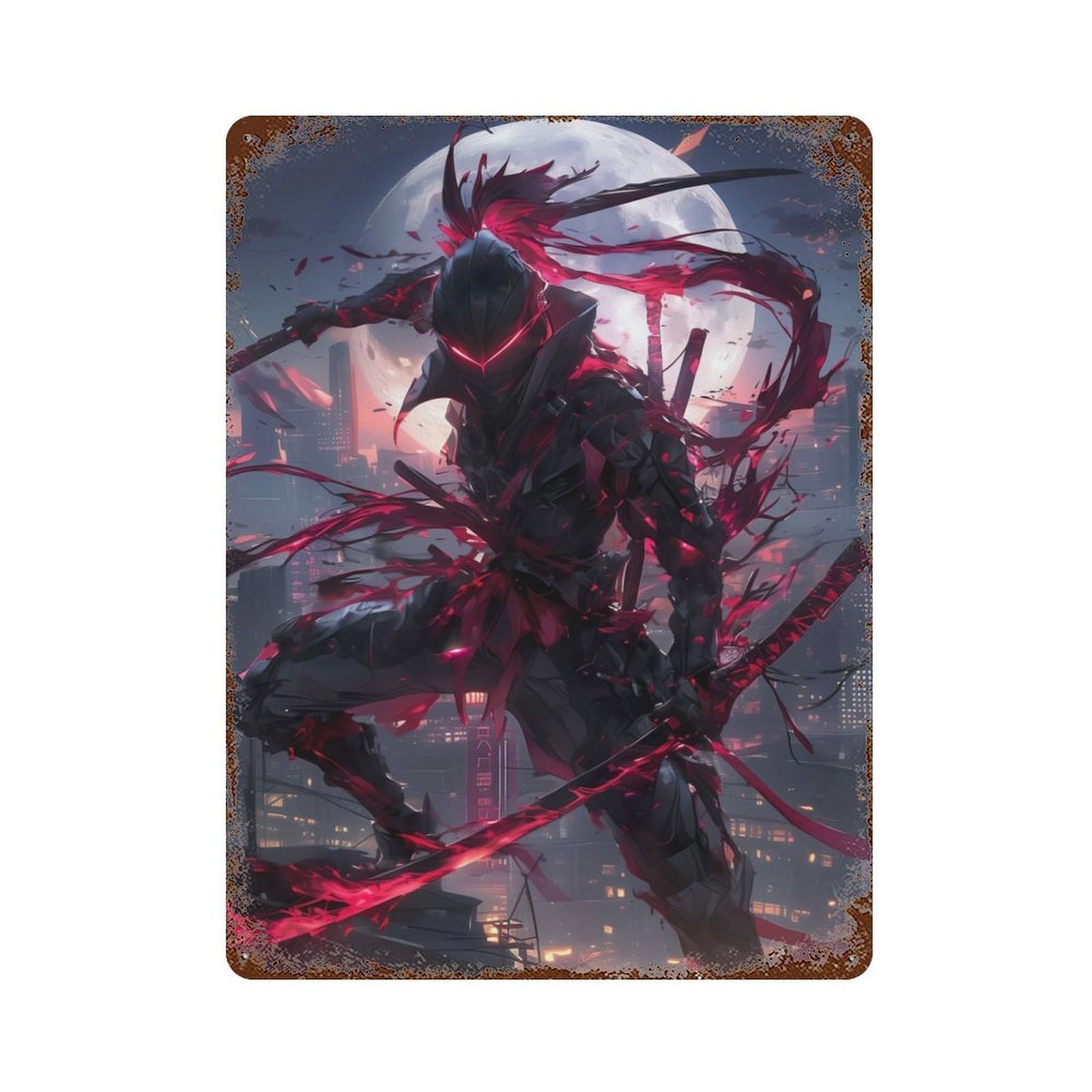 Fullmoon Red Ninja Rusty Metal Tin Sign 15.7"x11.8", Ideal for Farmhouse, Kitchen And Entryway Decor