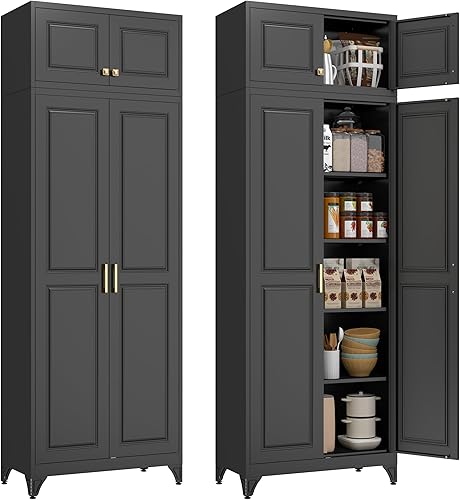 Miniatura 19 de Armario de despensa de cocina, gabinete de almacenamiento de metal de 75 pulgadas de alto con puertas y estantes, 4 pies de pie, armario para