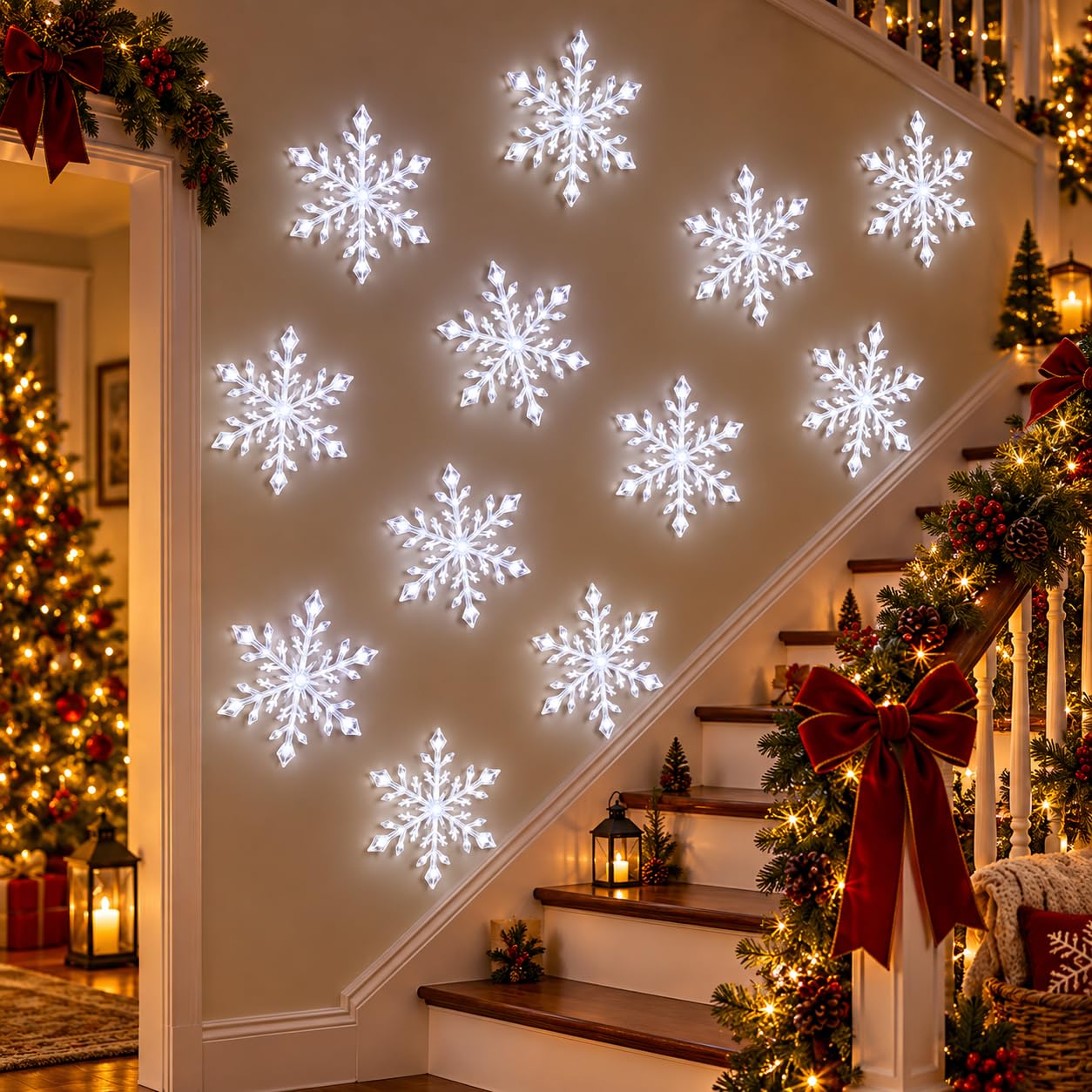 LED Snowflake Wall Lights, 3D Indoor Christmas Decorations 6Pcs (White_24Pcs)