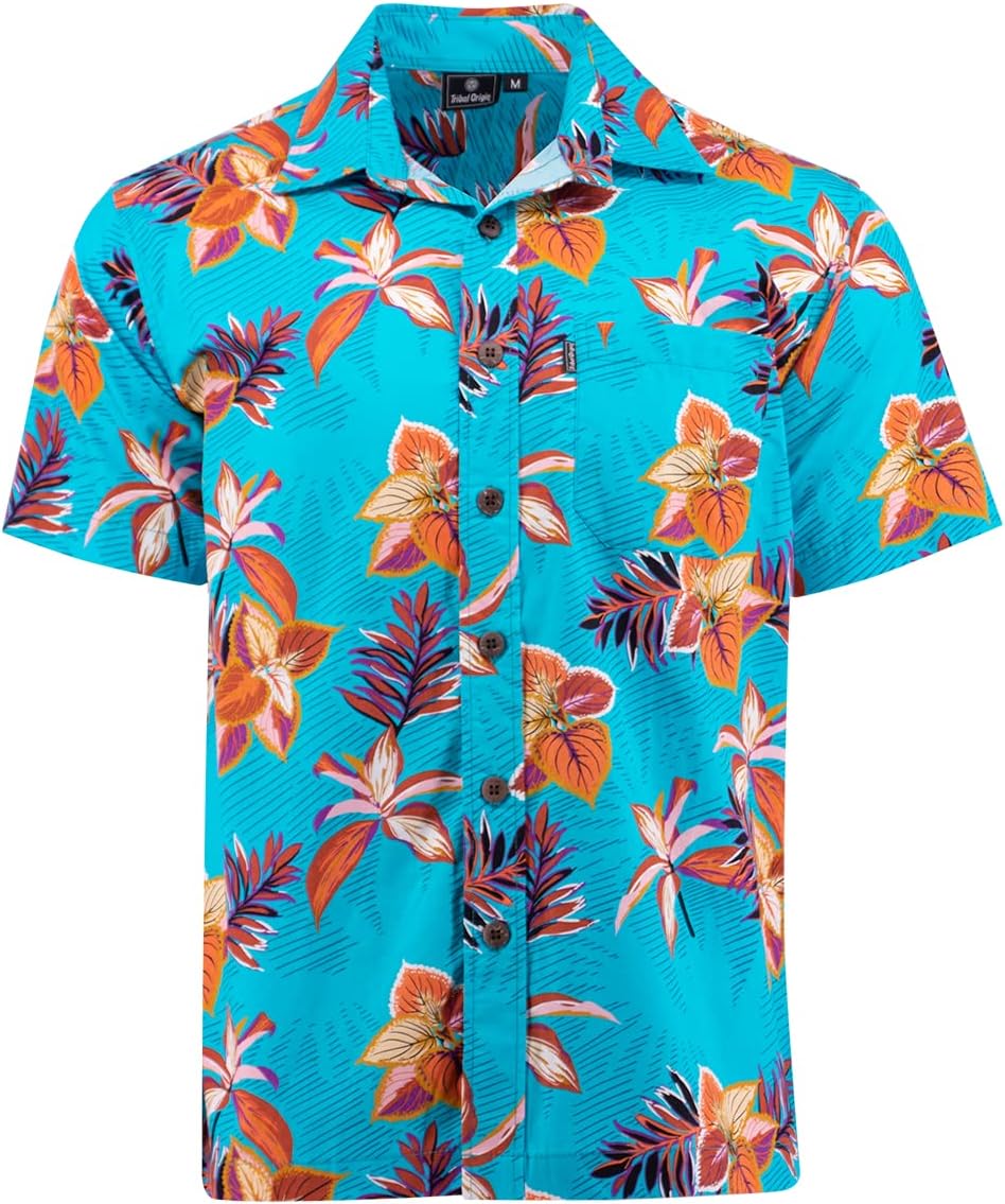 Tropical Hawaiian Shirt for Men, Floral Short Sleeve, Button Down, Regular Fit, Bula Cotton Shirt from Fiji, (XX-Large, Blue)
