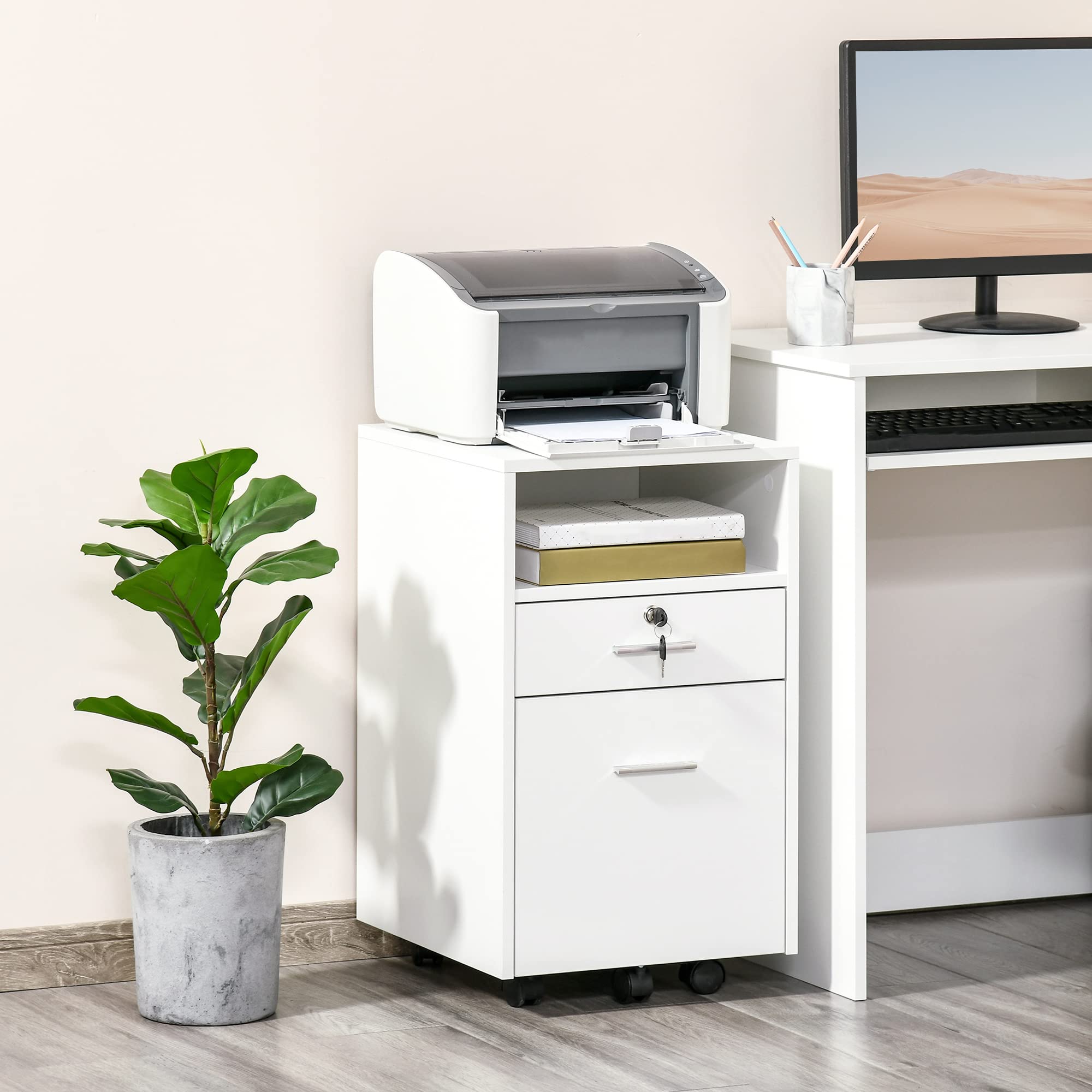 Vinsetto Schedario da Ufficio con 2 Cassetti, 5 Ruote e Ripiano Aperto, Cassettiera Ufficio con Serratura e 2 Chiavi per Lettera/Formato A4, Armadietto Verticale per Studio, 39x40x65 cm, Bianco