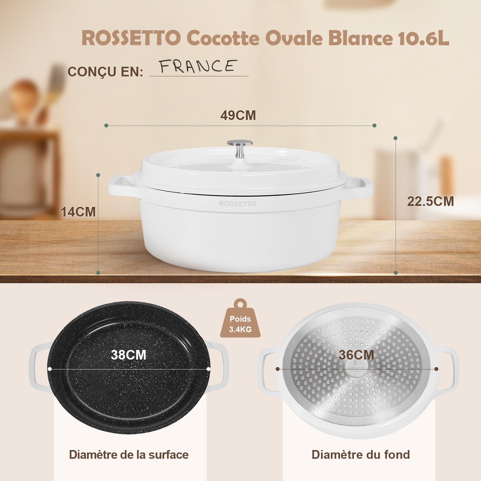 ROSSETTO 10,6L Cocotte ovale en fonte d’aluminium, revêtement antiadhérent en céramique. Couvercle avec picots saveurs. Compatible tous feux dont induction et au four jusqu’à 220° (38cm, Blanc)