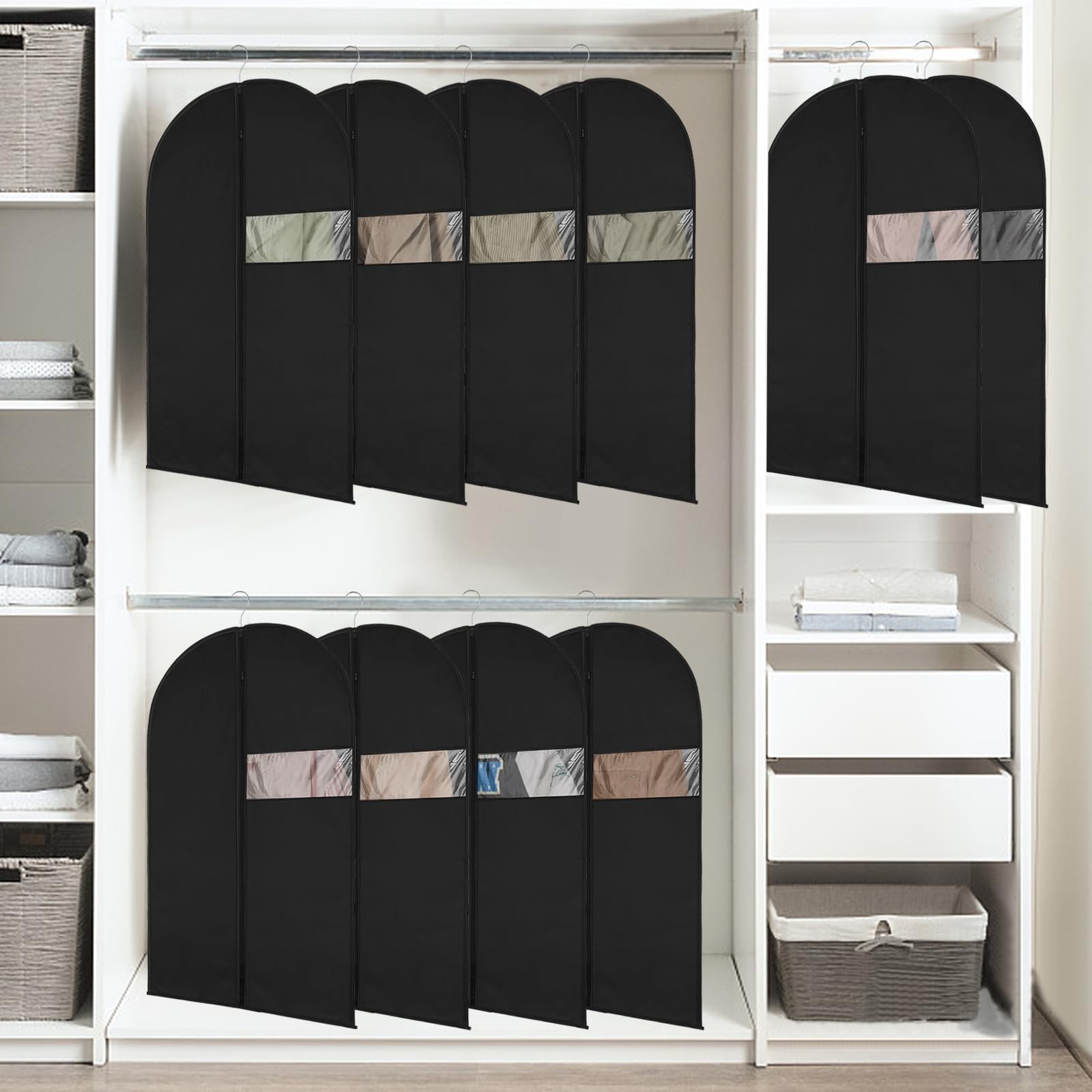 Zythrem Lot De 10 Housses Vêtements à Suspendre 60x140cm Noires - Protection Anti-Poussière, Humidité Et Zip Pour Costumes, Manteaux, Robes