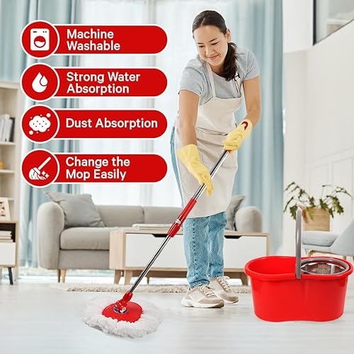 Miniatura 5 de Trapeador giratorio y cubo con juego de escurridor, sistema de trapeador giratorio de 360 y cubo con cabezales de repuesto de doble punta de algodón