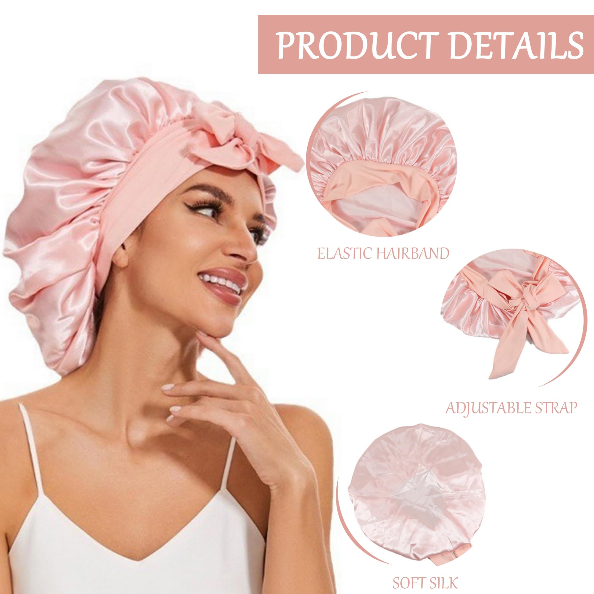 BONNET QUEEN Cuffia Seta Capelli Notte Regolabili Cuffia Capelli Ricci Bonnet con Lacci Lunghi Morbida e Protettiva Anti-Crespo, Rosa, L