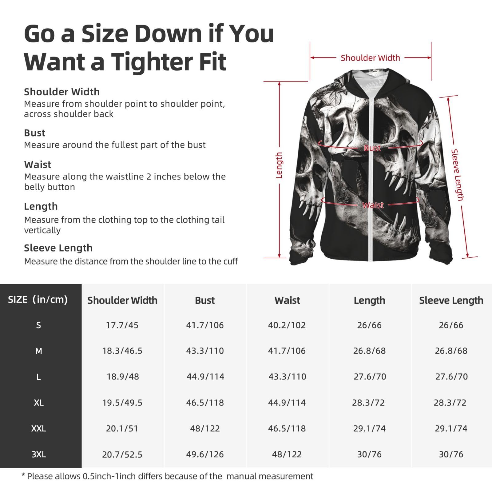 LZQPOEAS Sun Protection Hoodie Black and White Dinosaur Skull Jacket Lightweight Long Sleeve Sun Shirts for Outdoor Hiking Large
