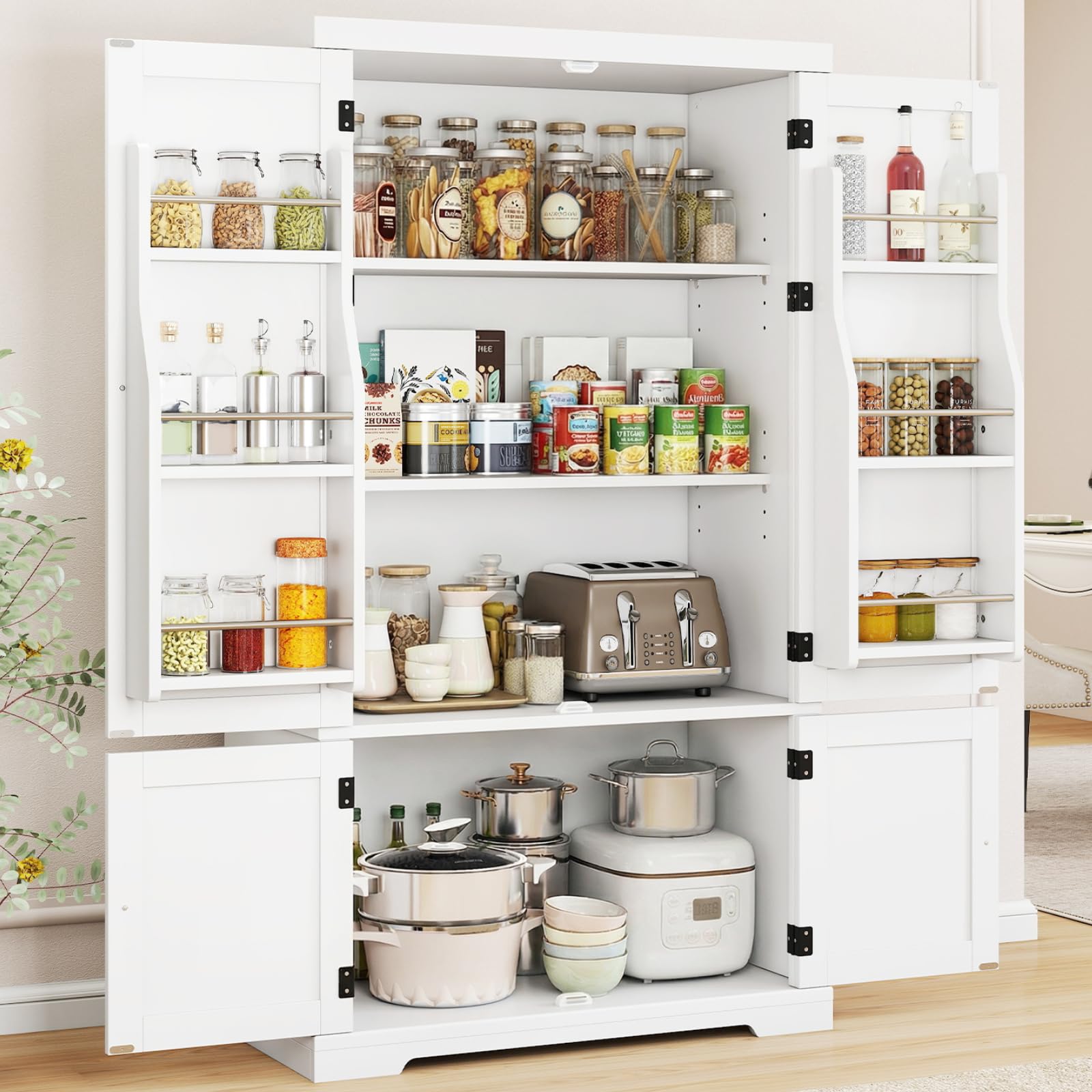 TANGZON Tall Kitchen Cupboard, 4-Door Pantry Cabinet with Adjustable Shelves, Door Shelves & Anti-tipping Kits, Freestanding Wooden Tall Sideboard Unit (Undivided Lower, 4 Tier,77x40x139cm)