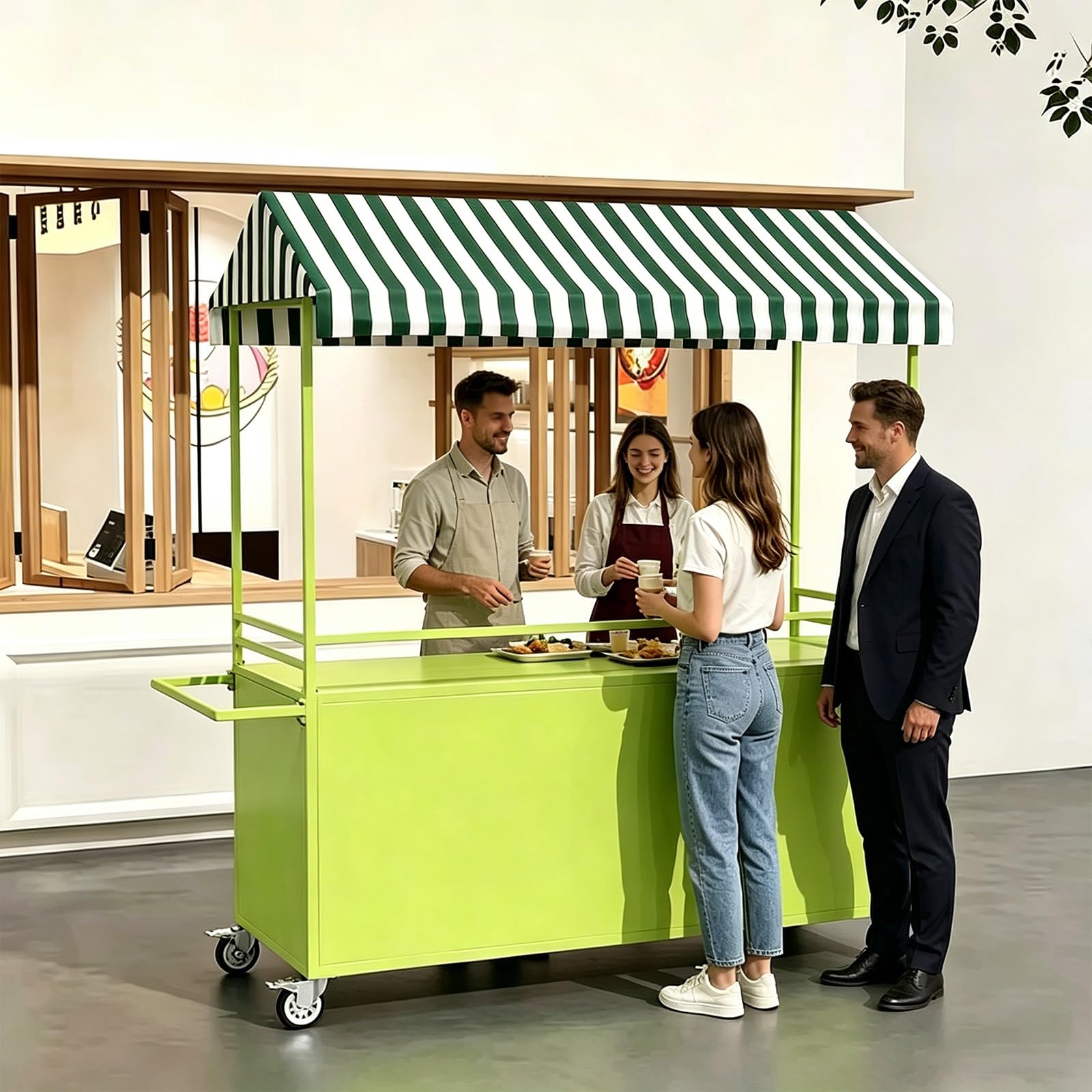 GMBAYUE Portable Vendor Cart with Canopy, Mobile Food Cart, Selling Food Booth Shelf, Vending Stand Kiosk Display Trolley, Vendor's Dessert Stall for Market Street Food & Events(Green)