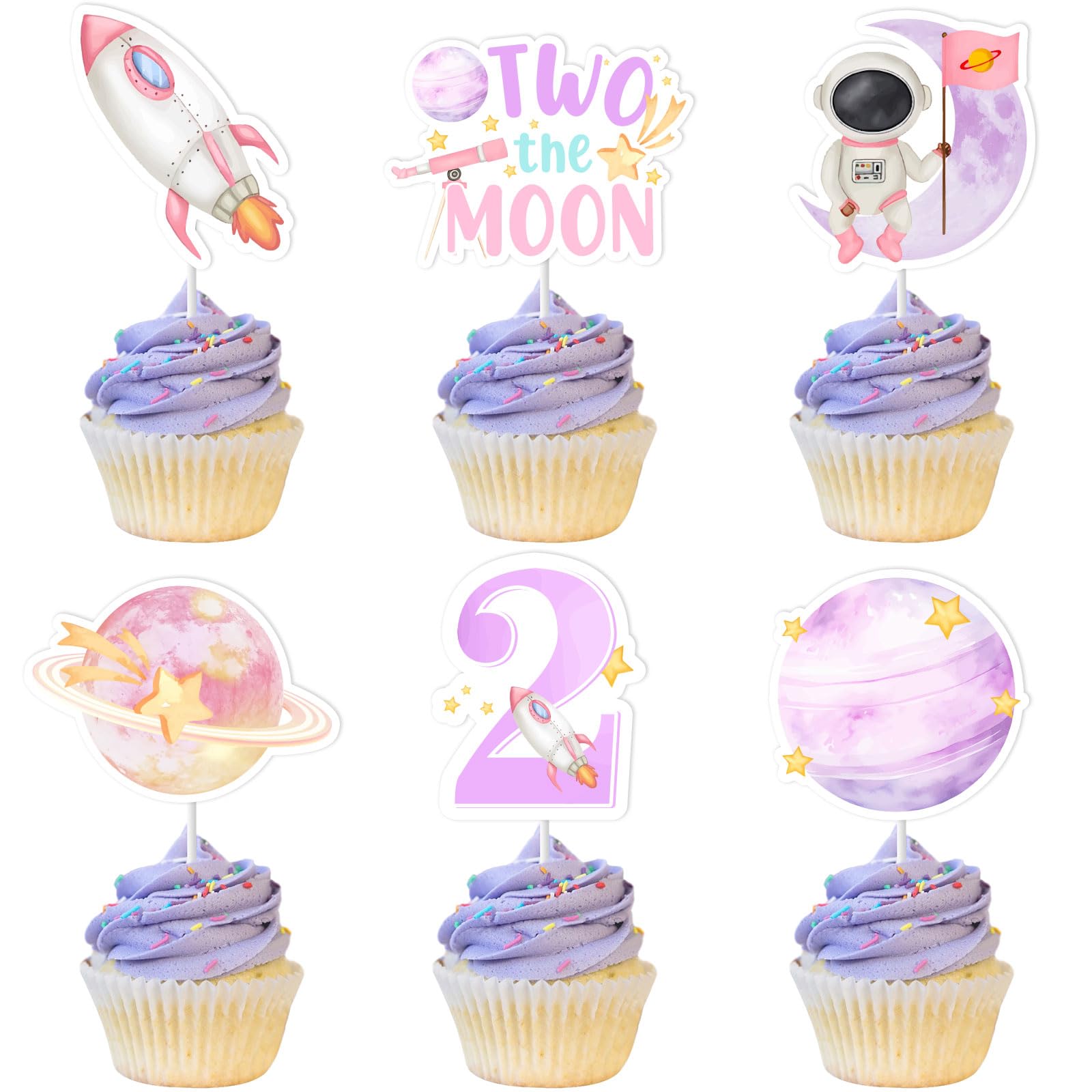 Jollyboom Two The Moon Birthday Decorations, 36pcs Outer Space 2nd Birthday Party Decoration Cupcake Toppers Pink Planet Rocket for 2 Year Old Girl