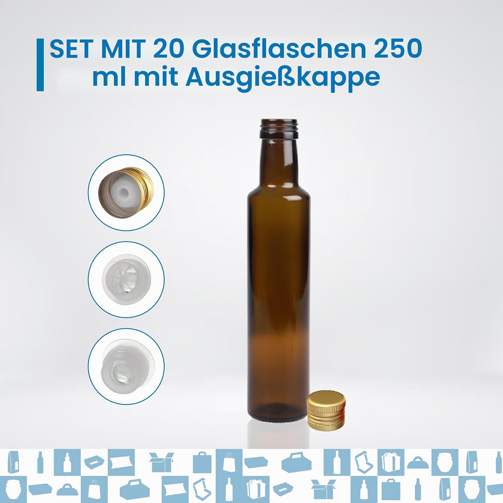 20 Flaschen aus dunklem Glas 250 ml mit goldenem Ausgießer-Schraubverschluss – Ölflaschen für Olivenöl, Essig, Alkohol und Saucen | Espirito Rebelde
