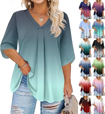Plus Size 3/4 Sleeve Tops for Women Casual V Neck T Shirts Loose Fit Three Quarter Length Lightweight Work Blouses
