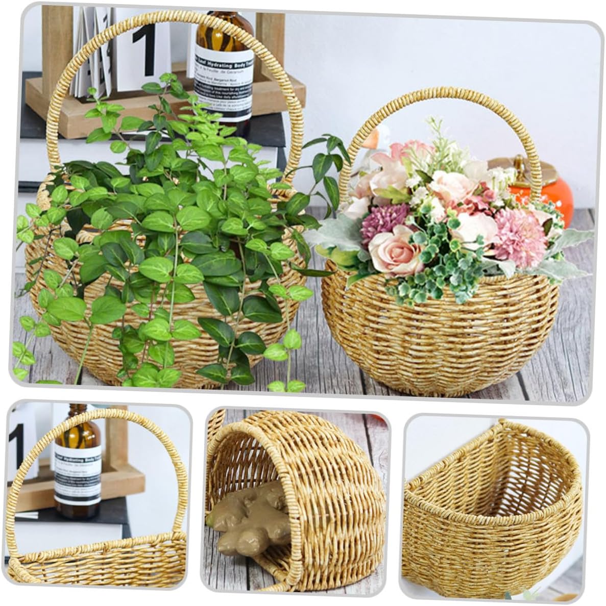 Handwoven Large Wall Hanging Egg Basket Woven Rattan Kitchen Storage Basket for Garlic and Herb Organizer