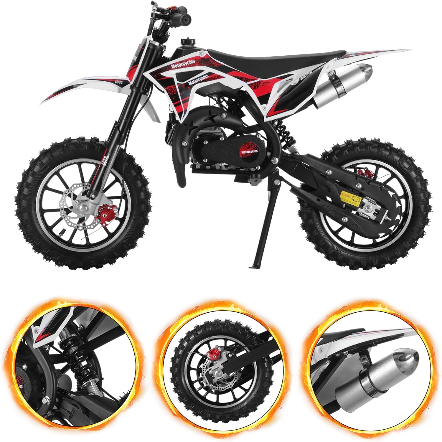 Rodiuiu 50cc Kids Dirt Bike, Dirt Bike for Kids, Mini Bike with 2-Stoke, Gas Power Motocross, Off Road Mini Motorcycle, Pocket Motorbike Gas Bike Load 330Lbs (Improved Version) Black