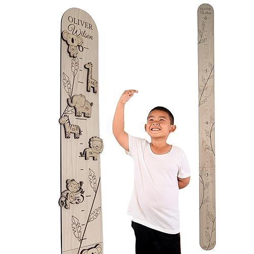 Personalized Jungle Growth Chart Wood - Custom Name Growing Ruler Chart for Kids, Children Measuring Height Chart Baby Boy Girl, Large Family