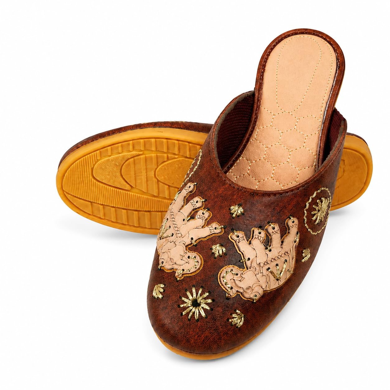 Women's Handcrafted Brown Ethnic Mule Jutti Slippers | Elephant Embroidered Traditional Flats | Comfortable Slip-On Casual Footwear Festive Occasions-image-17