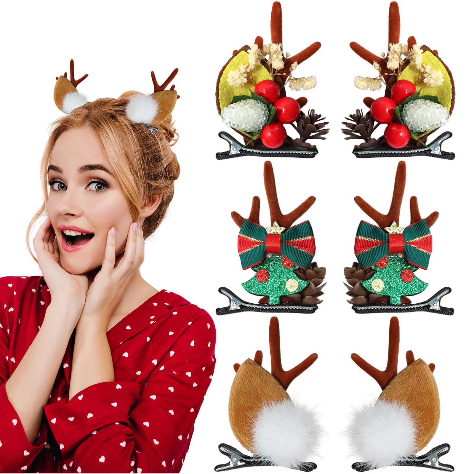 3 Pairs Christmas Hair Clips for Girls Women Cute Hair Accessories Reindeer Antlers Ears Hair Accessory with Pine Cone & Plush Ball Christmas Hair