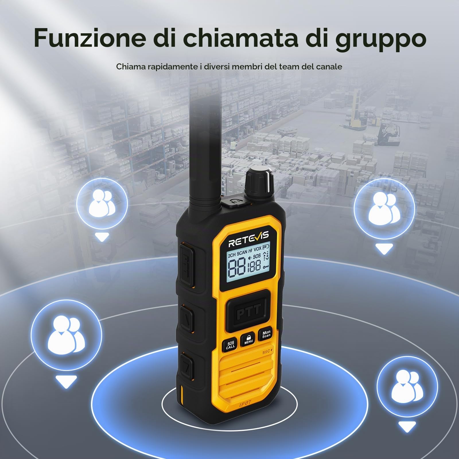 Retevis RB648Plus Walkie-Talkie, IP67 Impermeabile Radio Bidirezionale | VOX, Chiamata di Gruppo, 2000mAh, Walkie Talkie a Lunga Distanza con Caricatore a 6 Vie per Cantiere(6 Pz, Giallo)