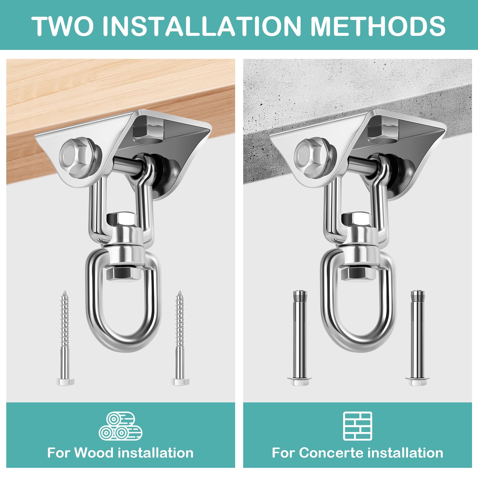 2 Pezzi Gancio Soffitto in Acciaio Inossidabile 450 kg capacità Portante 360° Rotazione, Ganci Altalena Cuscinetto con Fissaggio a Vite per Sacco da Boxe, Sedia Sospesa, Altalena, Amaca, Yoga