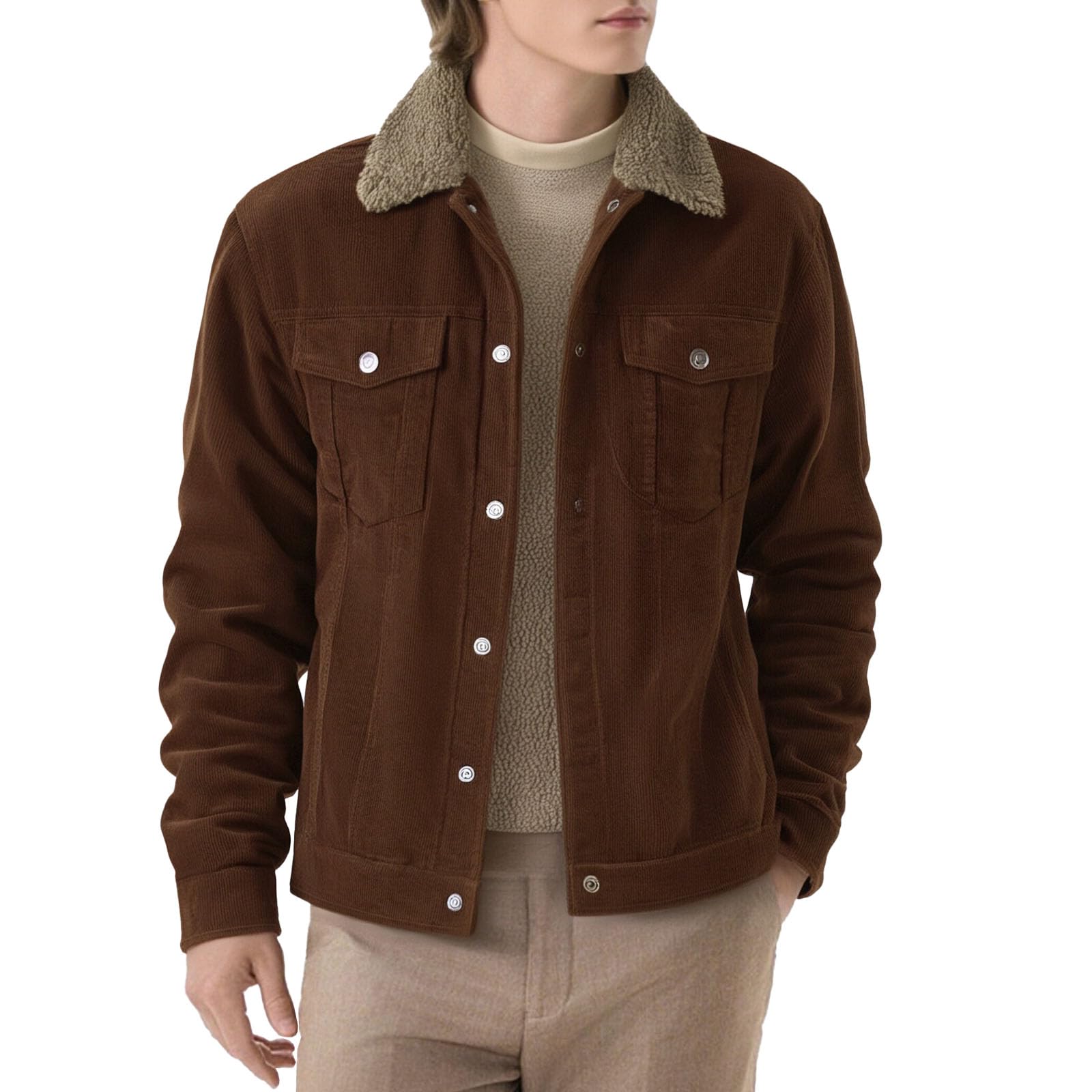Chaqueta de pana polar con forro de sherpa para hombre, chaqueta trabajo estilo camionero con cuello vuelto, abrigo cálido invierno.