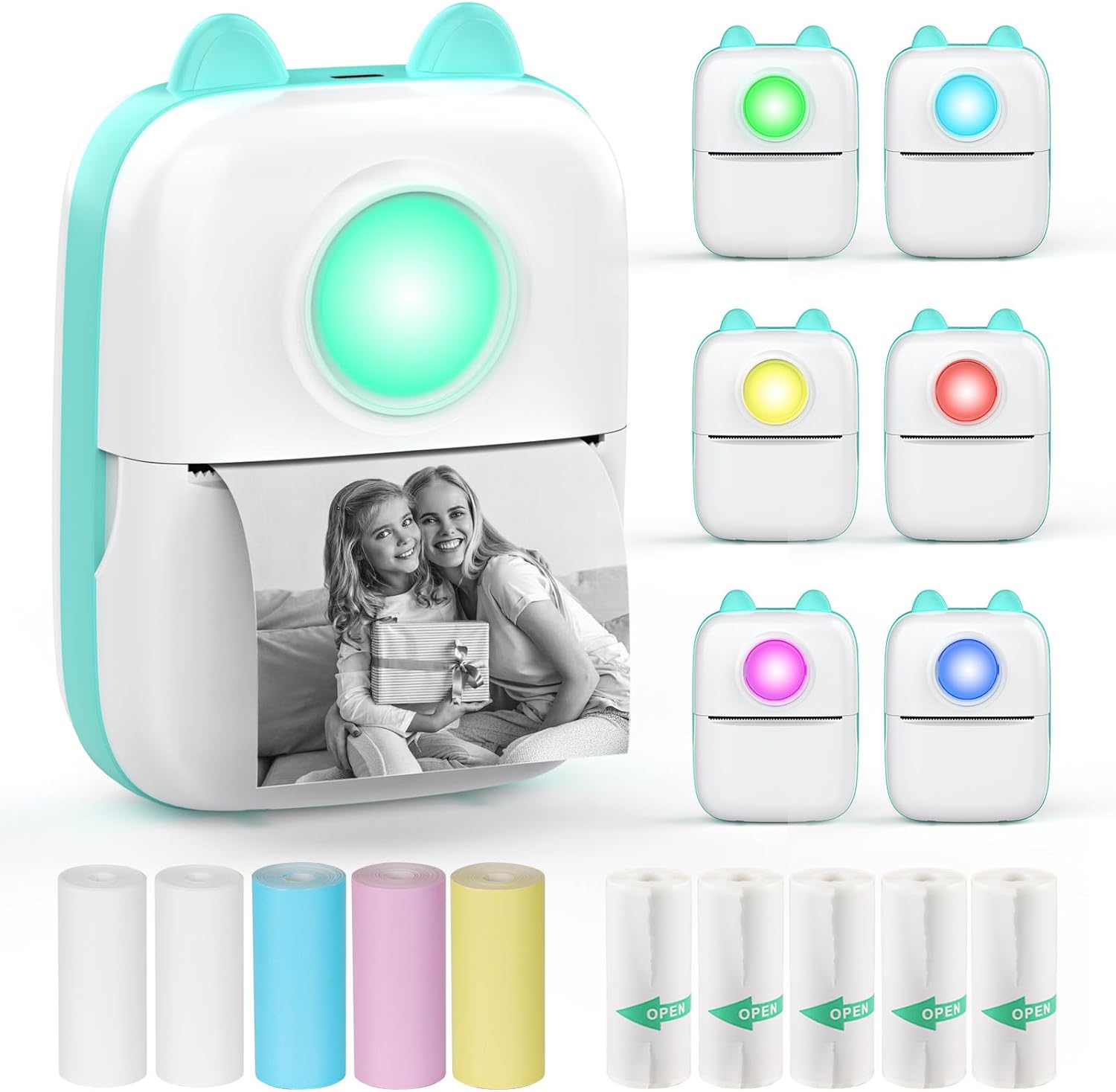 QYCHHJ Inkless Mini Thermal Sticker Printer, 7 LED Lights Mini Portable Pocket Printer with 10 Rolls Thermal Paper for iOS&Android, Inkless Portable Printer for Notes Journal Memo Photo QYCHHJ Inkless Mini Thermal Sticker Printer, 7 LED Lights Mini Portable Pocket Printer with 10 Rolls Thermal Paper for iOS&Android, Inkless Portable Printer for Notes Journal Memo Photo
