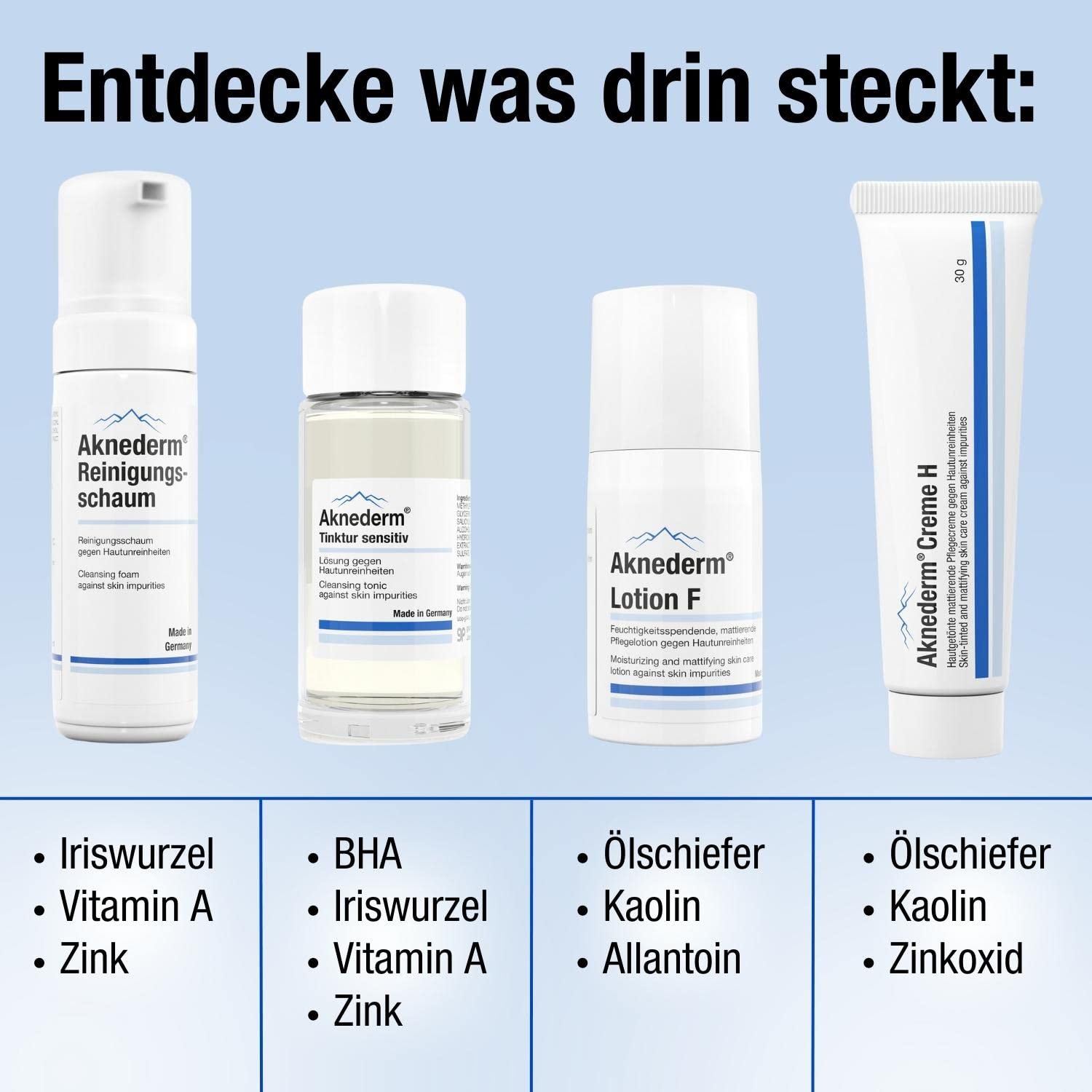 aknederm Premium Reinigungsset für sensible Haut - Set mit Tinktur/Reinigungsschaum/Lotion/Creme H & Reinigungspads - natürliches Skincare Set kaschiert Pickel - ideal zur Akne Behandlung