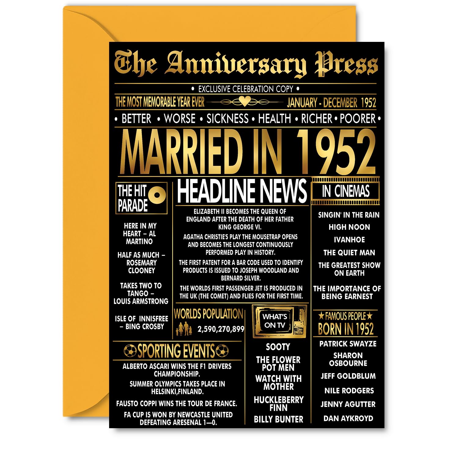 Gold 74th Anniversary Card for Men Women - Golden Newspaper Married in 1952-74 Year Wedding Anniversary Card for Companion Husband Partner Wife, A5 Anniversaries Greeting Cards