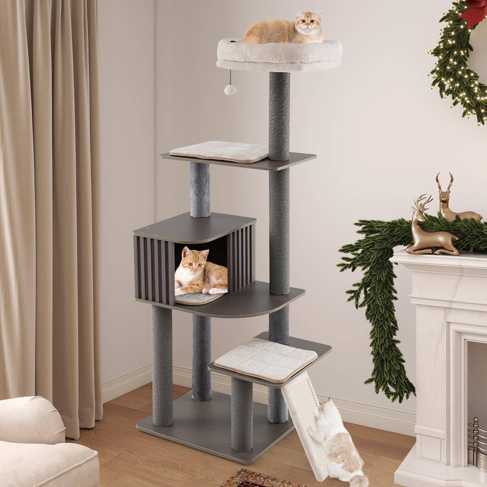 COSTWAY Albero per Gatti a 6 Livelli, Torre per Gatti Alta 171 cm con Cuscino, Condominio, Tappetini Staccabili e Pannello in Sisal, Albero Tiragraffi in Legno con Palla Pompom Appesa