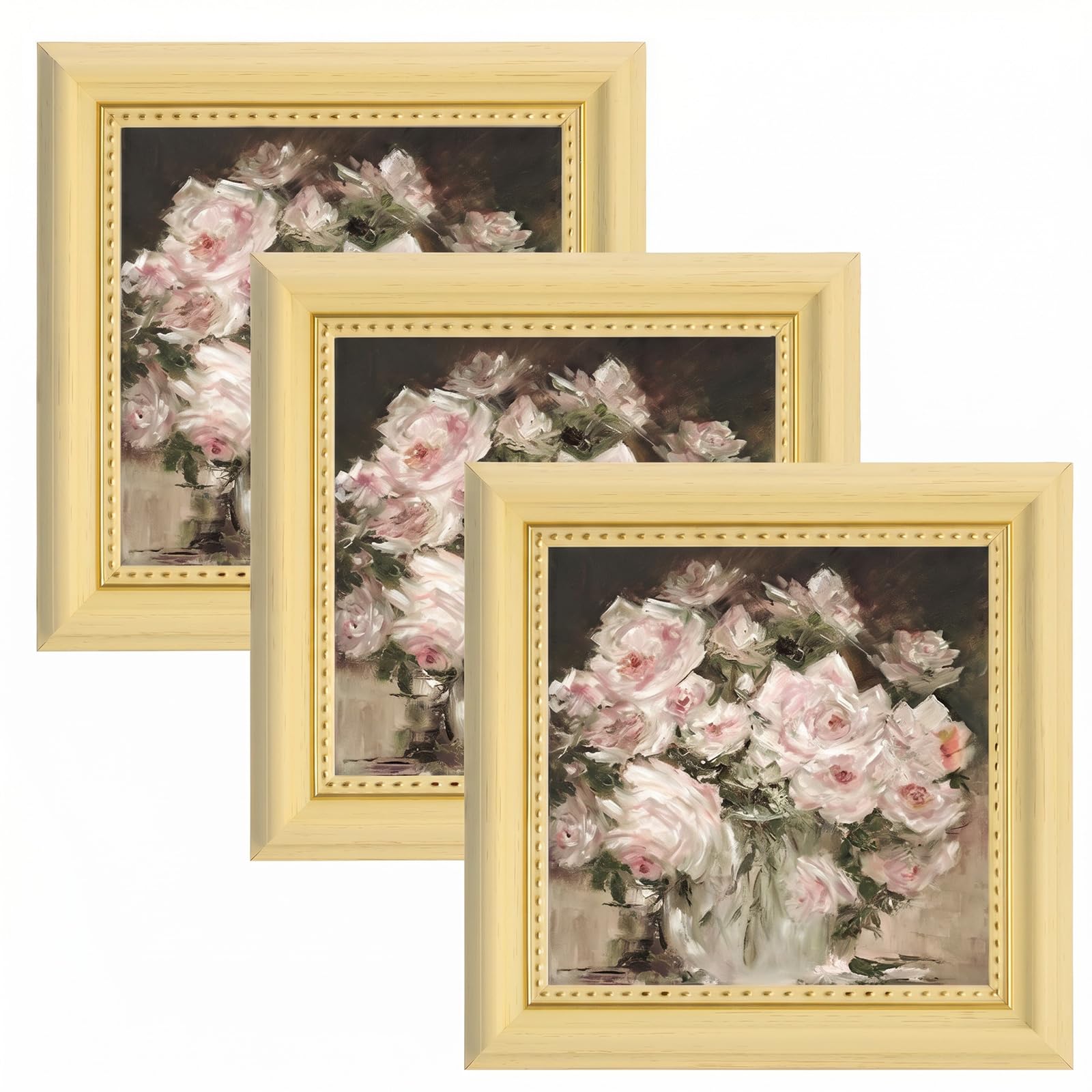 3 PCS Vintage Photo Frames Set, Retro Rustic Picture Frames with Plexiglass for Wall and Tabletop Display, Classic Gallery Photo Frame Set for Home, Office and Living Room Decor (light yellow, 4X4)
