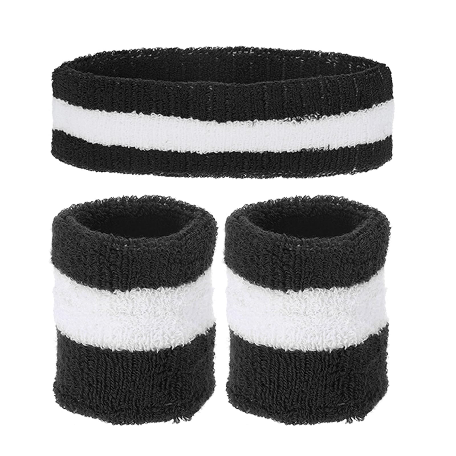 sourcing map Sweat Band Set Sports Terry Cloth Headband Wristband Set 7"x2" Moisture Wicking Sweat Absorbing Head Band for Women Men Workout Exercise Basketball(Black/White)