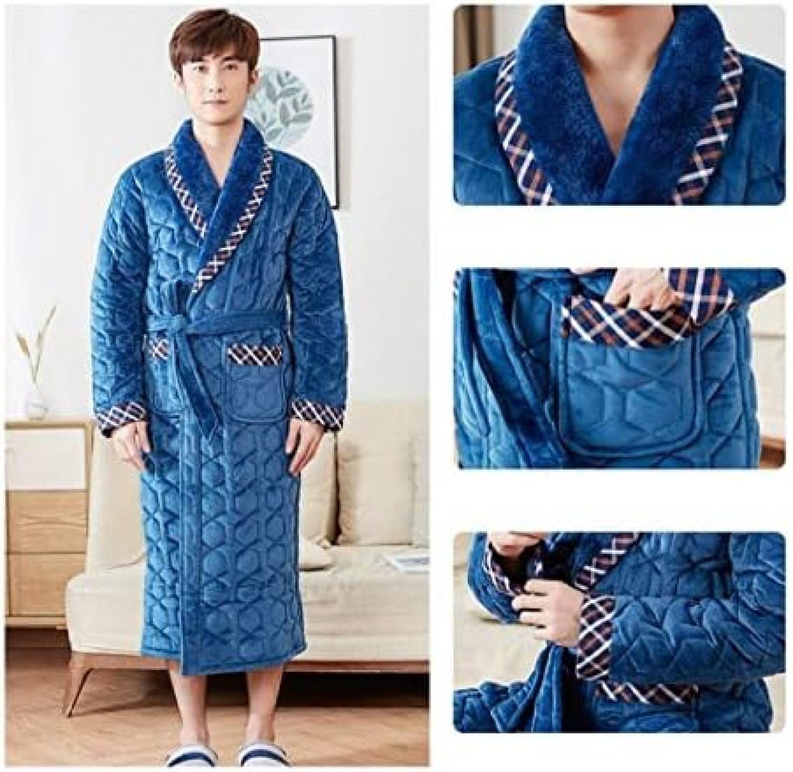 Winter Bademantel Korallen Fleece Männer Bad Robe Männer Bademantel Männer Flanell Stepp Pyjama Dicke Lange Robe Dusche Homewear,A,L