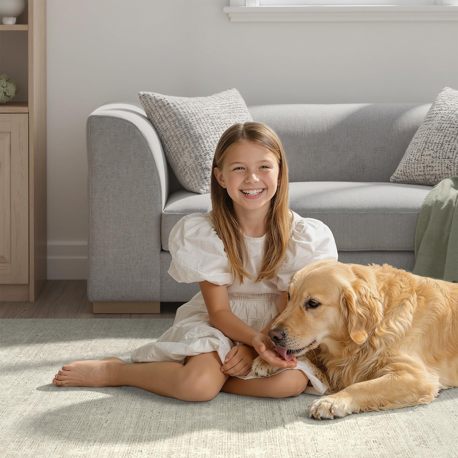 DCX 9x12 Beige Rug, Kid & Pet Friendly with Rubber Back Non Slip, Machine Washable Stain Resistant Neutral Floral Rug for Living Room, Bedroom, Home Office, Soft Low Pile Large Nursery Carpet
