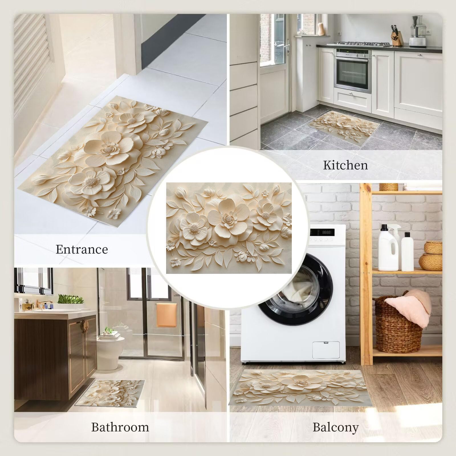 Zerbino Ingresso Interno Rilievo Floreale 3D Elegante, Zerbino Di Benvenuto Lavabile Morbida Estetica Delicata Delle Piante, Antiscivolo Tappeto Da Decorazioni Beige Per Casa Porta, 60X90Cm