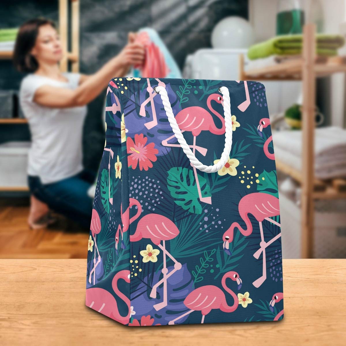 Großer Wäschesack mit Blättern, Blume, Flamingo, freistehend, faltbar, mit Tragegriffen