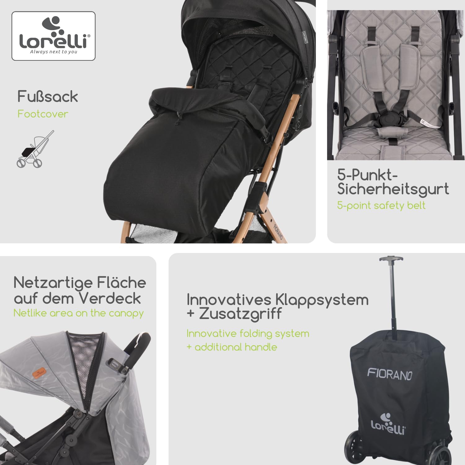 Lorelli Wózek dziecięcy Fiorano, wózek podróżny, mały wózek składany, lekki, tylko 7,5 kg, kompaktowe siedzisko sportowe do 15 kg, wózek dziecięcy z systemem składania jedną ręką i dodatkowym uchwytem