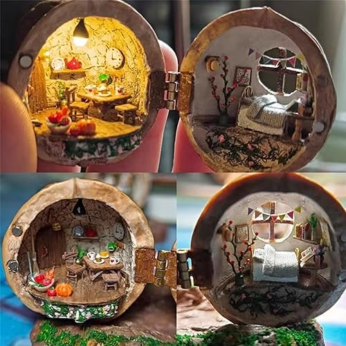 Miniatura 3 de Casa de muñecas de concha de nogal, mini biblioteca, Tiny World Inside Walnuts, casa de juegos hecha a mano, casa de muñecas en miniatura, escena 3D