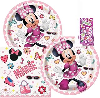Disney Minnie Mouse Birthday Party Supplies Bundle Pack includes 16 Dessert Cake Plates 7",16 Paper Napkins 5", 1 Rock On Sticker Sheet