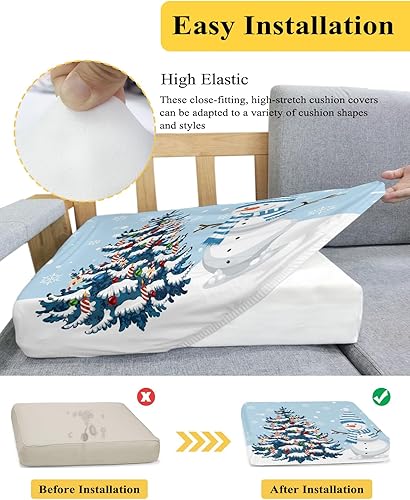Miniatura 5 de Fundas de cojín para sofá, diseño de muñeco de nieve, color azul claro, funda elástica para sofá con parte inferior elástica, diseño de árbol de