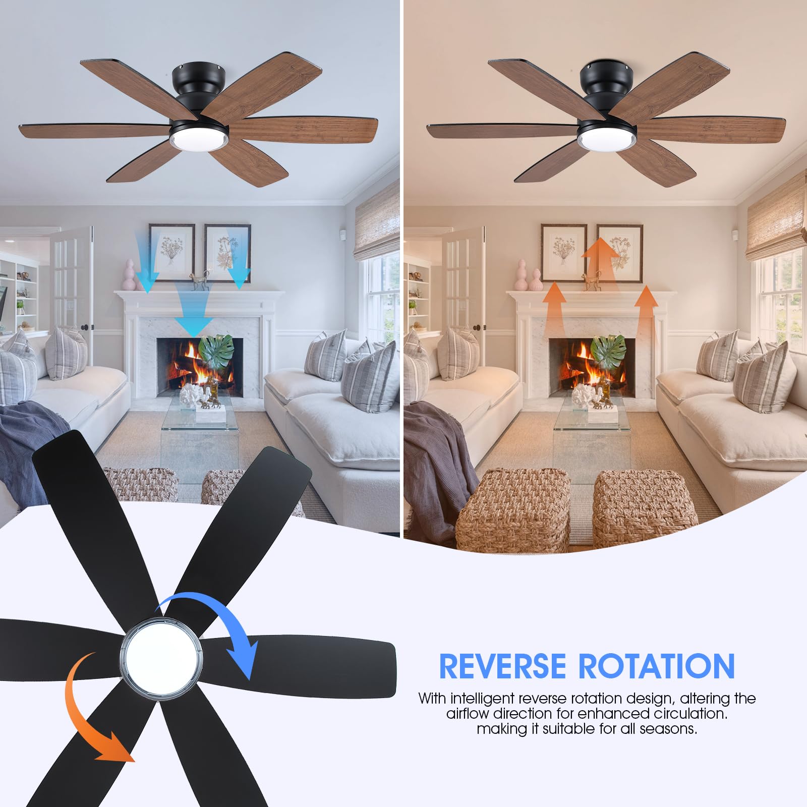Kviflon 117 cm Landhaus-Deckenventilator mit Licht, Fernbedienung/APP-Steuerung, 6 umkehrbare Doppel-Seiten-Klingen, 3 CCT Dimmbar, Braun