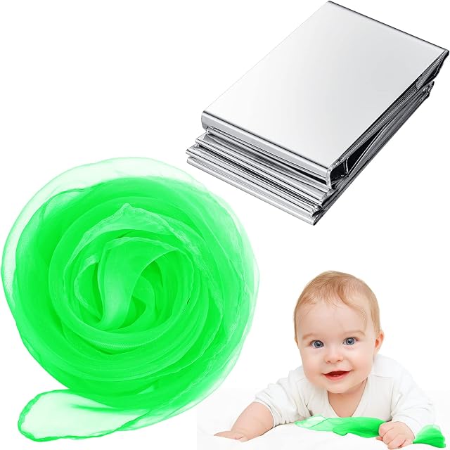 Chalyna 2 Pcs Baby Sensory Scarf and Foil Blanket Set, Baby Sensory Toys, Sensory Scarves, Baby Sensory Foil, Sensory Play for Toddlers Newborn Infant Gift Presents Party Supplies (Green Scarf)