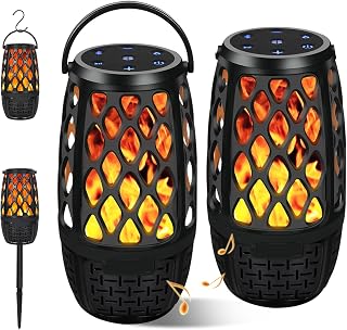 Outdoor Bluetooth Speaker Waterproof Wireless, QUEQIMU Portable Led Lantern Speaker Torch Atmosphere Bluetooth Speakers, BT5.3 Flame Party Speaker Patio Speakers with Hook&Stake Gifts for Men (2 Pack)