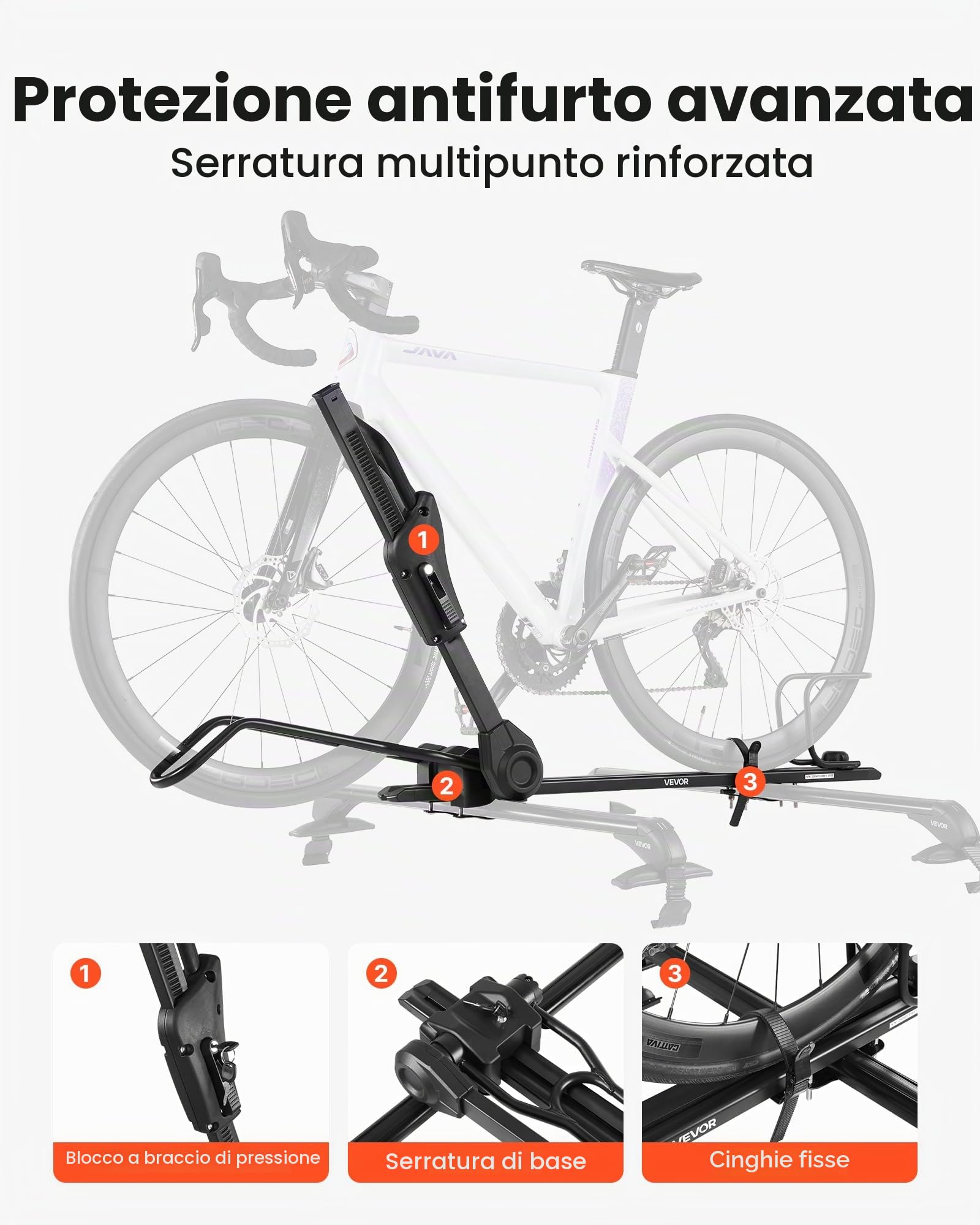 VEVOR Supporto Portabiciclette da Tetto Pieghevole Carico 15 kg, Portabici da Tetto con Sistema di Bloccaggio per Barre Trasversali Ruote da 508-737 mm, Portabicicletta Verticale Auto