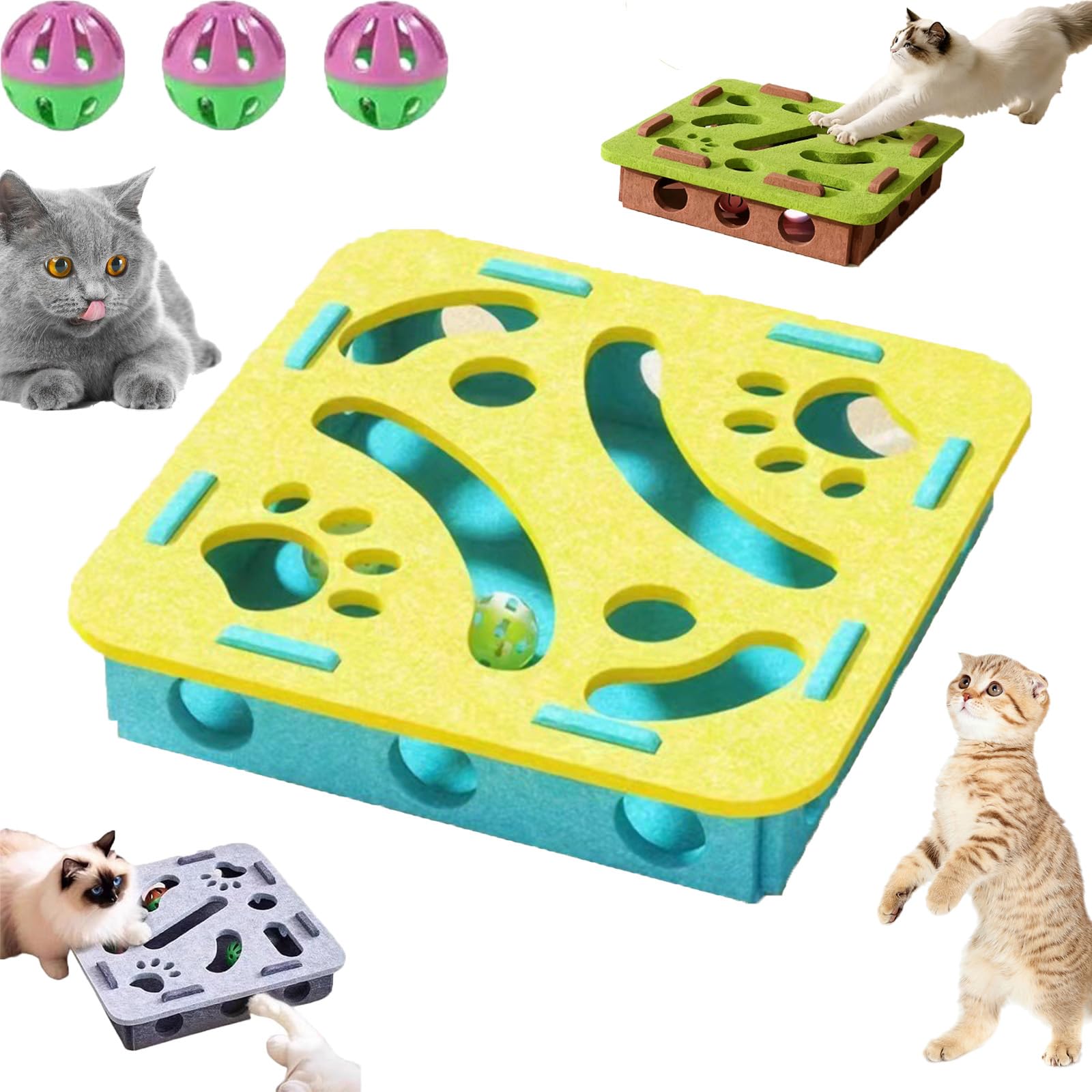 fjaldjfu Cat Scratch Puzzle Enrichment Box, 2026 New Cat Puzzle Felt Maze Box Cats Toys, Interactive Cats Nail File Scratch with 3 Bell Balls, Stimulate Kittern Energy and Instincts (Yellow-S-1pc)