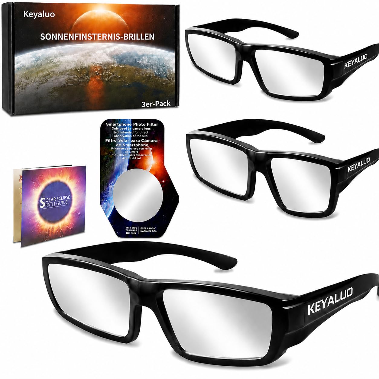 Sonnenfinsternis Brille,3er-Pack Sonnenfinsternis Brillen 2026, ISO 12312-2:2015(E) & CE-zertifiziert,robuste Kunststoff-Brillen für die direkte Sonnenbeobachtung