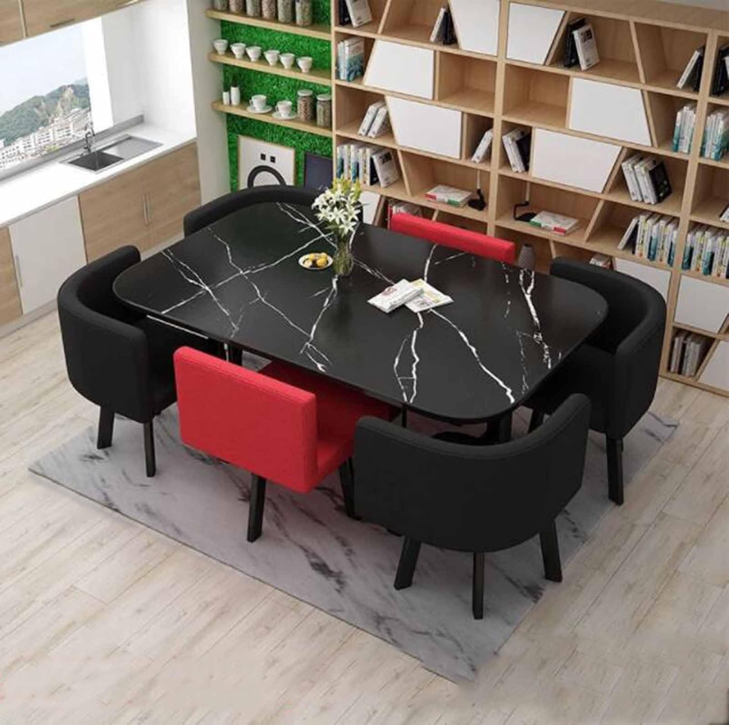 Modernes Esstisch-Set mit 6 Stühlen, rund, 7-teilig, Konferenzraum-Tische und Stühle, für kleine Büroküche, Lounge, Wohnzimmermöbel