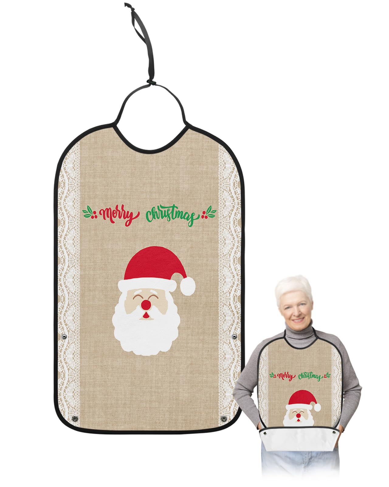 LEOKOTI Christmas Santa Adult Bibs for Eating, Waterproof Bibs with Food Catcher & Adjustable Snap Closure, Lace Edge Linen Texture Washable Clothing Protectors Adult Bibs for Elderly Women/Men