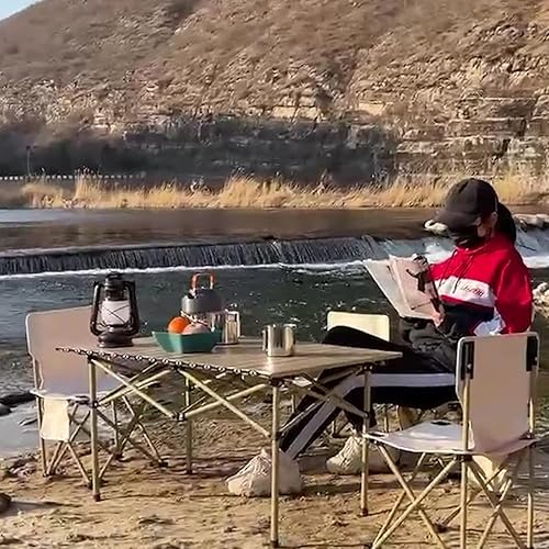 Miniatura 6 de Mesa plegable, mesa auxiliar portátil de campamento, con silla, mesa de playa plegable de aluminio ultraligero con grandes bolsas de almacenamiento