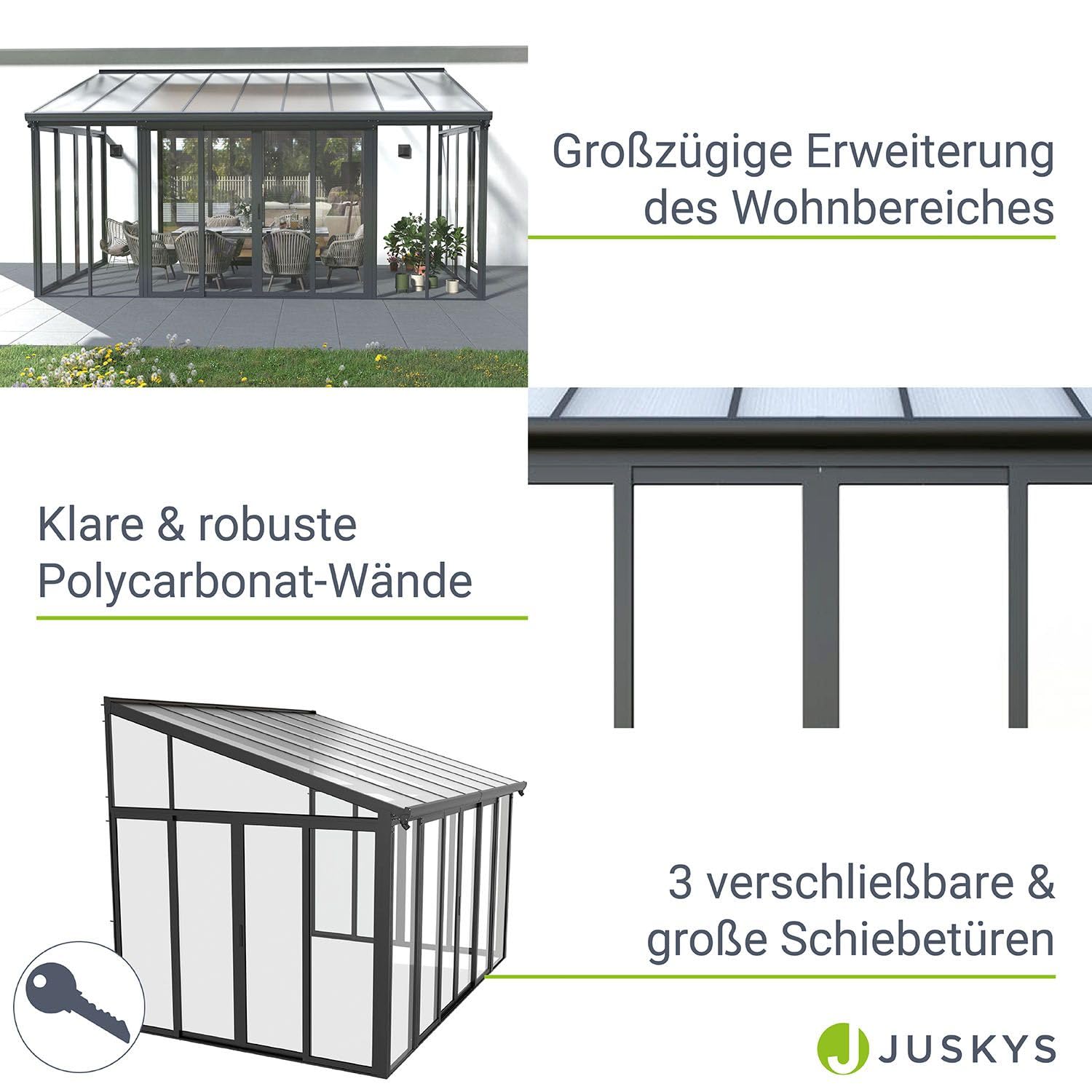 Juskys Jardin d'hiver de 15 m² - parois cristallines, Portes coulissantes Doubles et Protection UV - abri étanche et résistant à l'hiver en Aluminium - Gris
