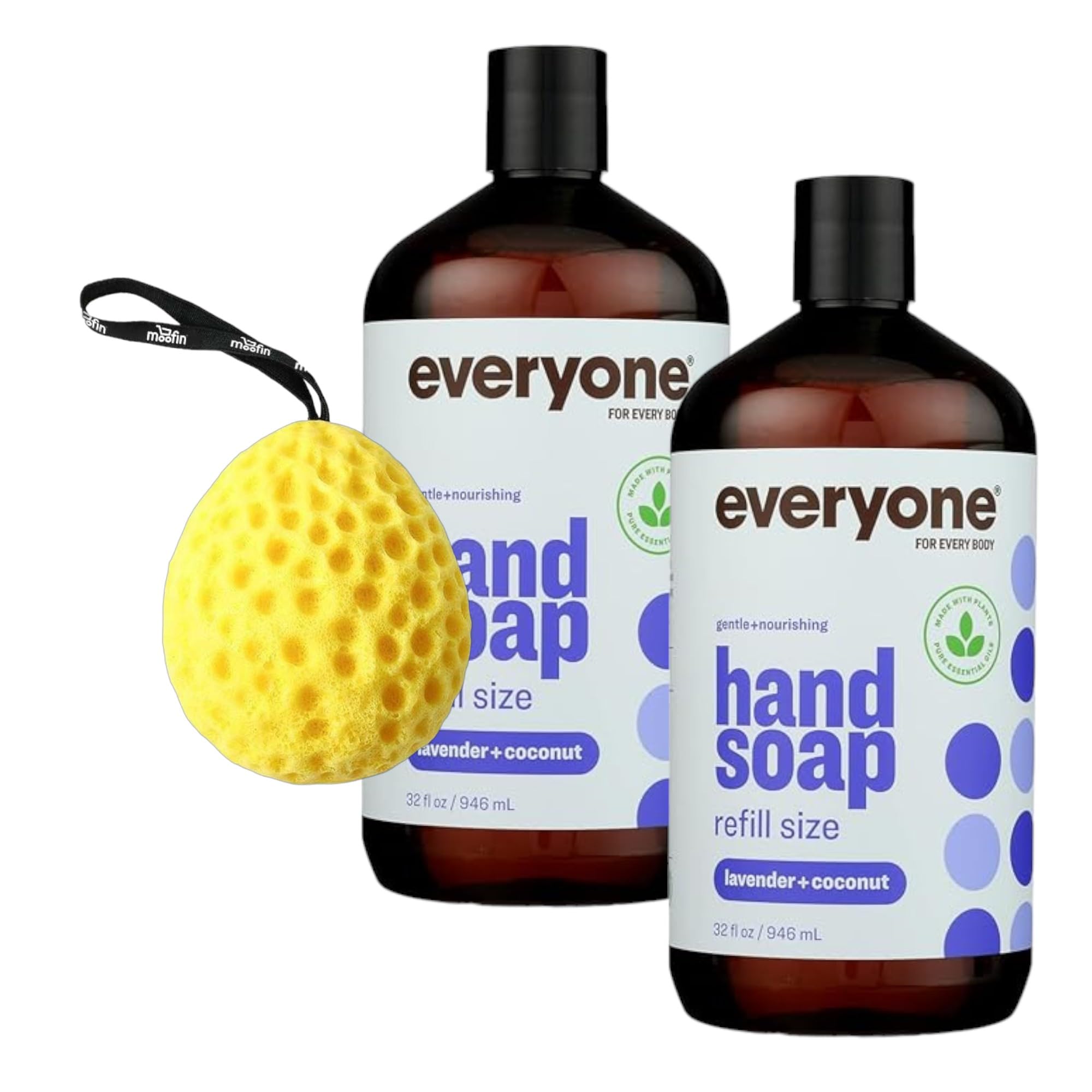 Lavender & Coconut Hand Soap, 32 oz Liquid Hand Soap Refill, Bundle Bath Sponge, Plant-Based Ingredients, Essential Oils, Gentle on Skin, Paraben-Free, Cruelty-Free (Pack of 2)